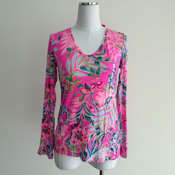 Lilly Pulitzer Top Womens XS Pink Floral Long Sleeve PJ Knit Plumeria I'm feline - Picture 3 of 10
